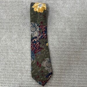 Salvatori Mens Silk Blend Floral Tie Olive Green Burgundy Yellow Botanical Retro